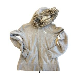 ABERCROMBIE & FITCH Full Zip Fur Lined Grey Sweatshirt Hoodie Girl's Size XL Y2K